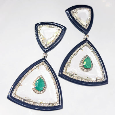 "The Sophisticate" 2" Earrings - Diamonds, Emerald, Quartz, Black Onyx, Sterling, 18K Gold Posts