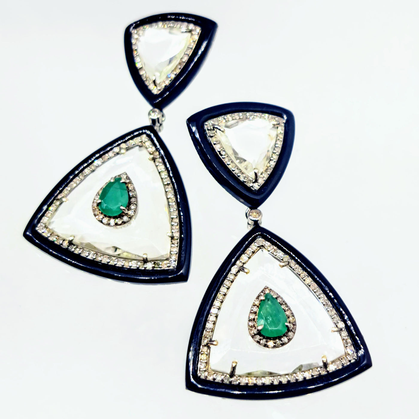 "The Sophisticate" 2" Earrings - Diamonds, Emerald, Quartz, Black Onyx, Sterling, 18K Gold Posts