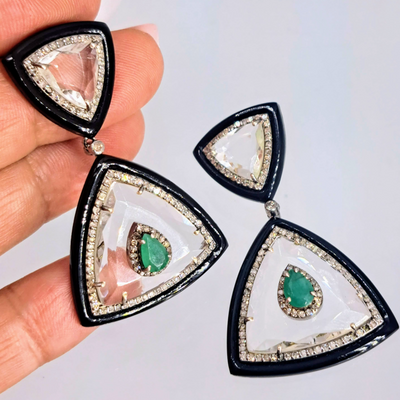 "The Sophisticate" 2" Earrings - Diamonds, Emerald, Quartz, Black Onyx, Sterling, 18K Gold Posts