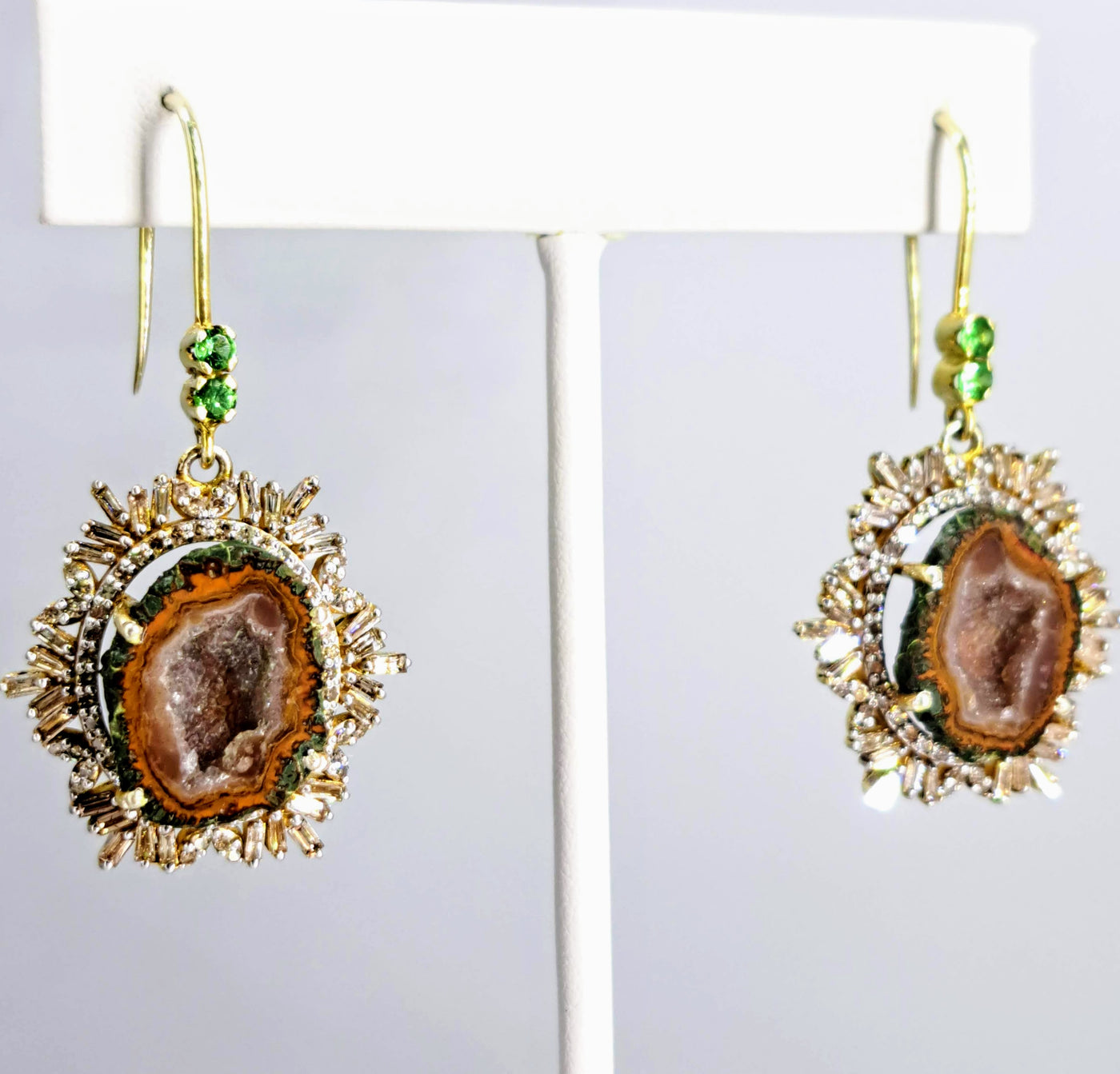 "Spice Of Life" 2" Earrings - Tabasco Geodes, Diamonds, Tsavorite, 18K Gold Sterling