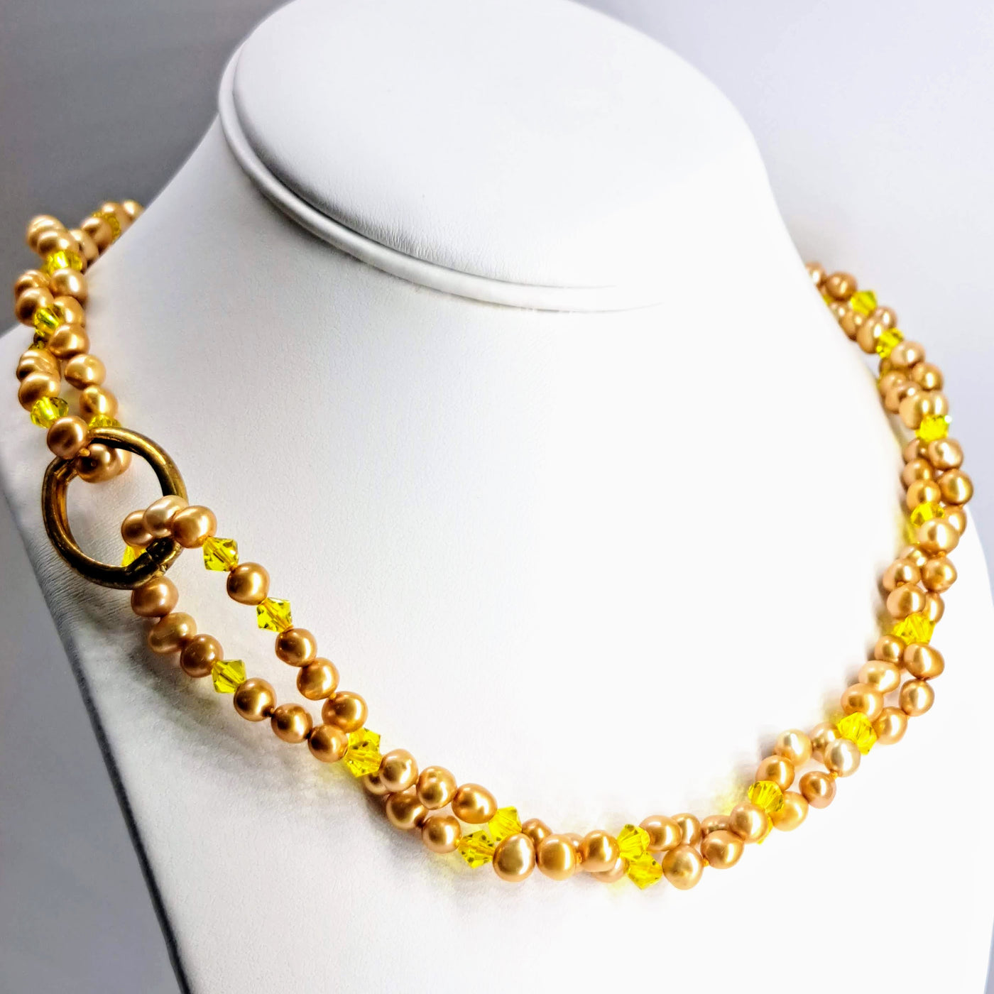 "Gold Drops" 36" Necklace - Golden Pearls, Swarovski Crystals + Enhancer Clip