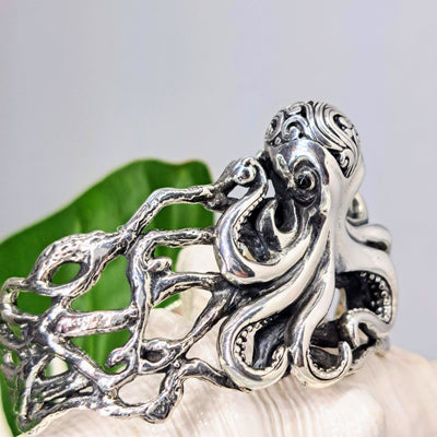 "Octopus Teacher" Cuff Bracelet - Filigree Sterling, Onyx Eyes