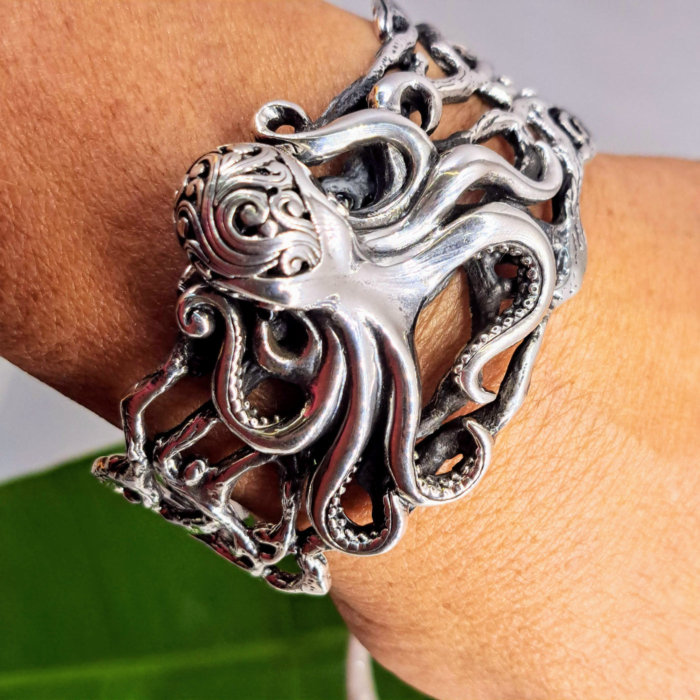 "Octopus Teacher" Cuff Bracelet - Filigree Sterling, Onyx Eyes