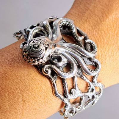 "Octopus Teacher" Cuff Bracelet - Filigree Sterling, Onyx Eyes