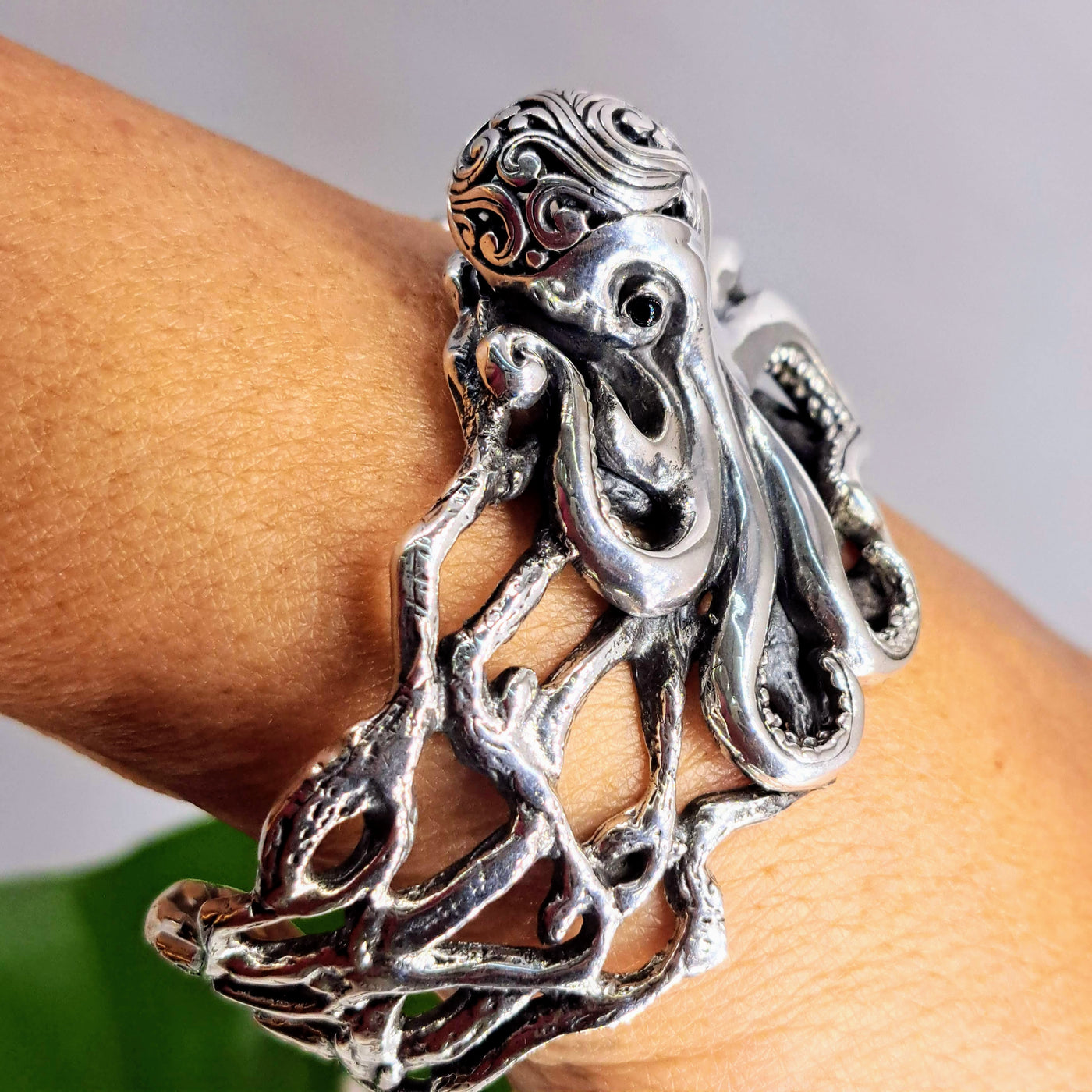 "Octopus Teacher" Cuff Bracelet - Filigree Sterling, Onyx Eyes