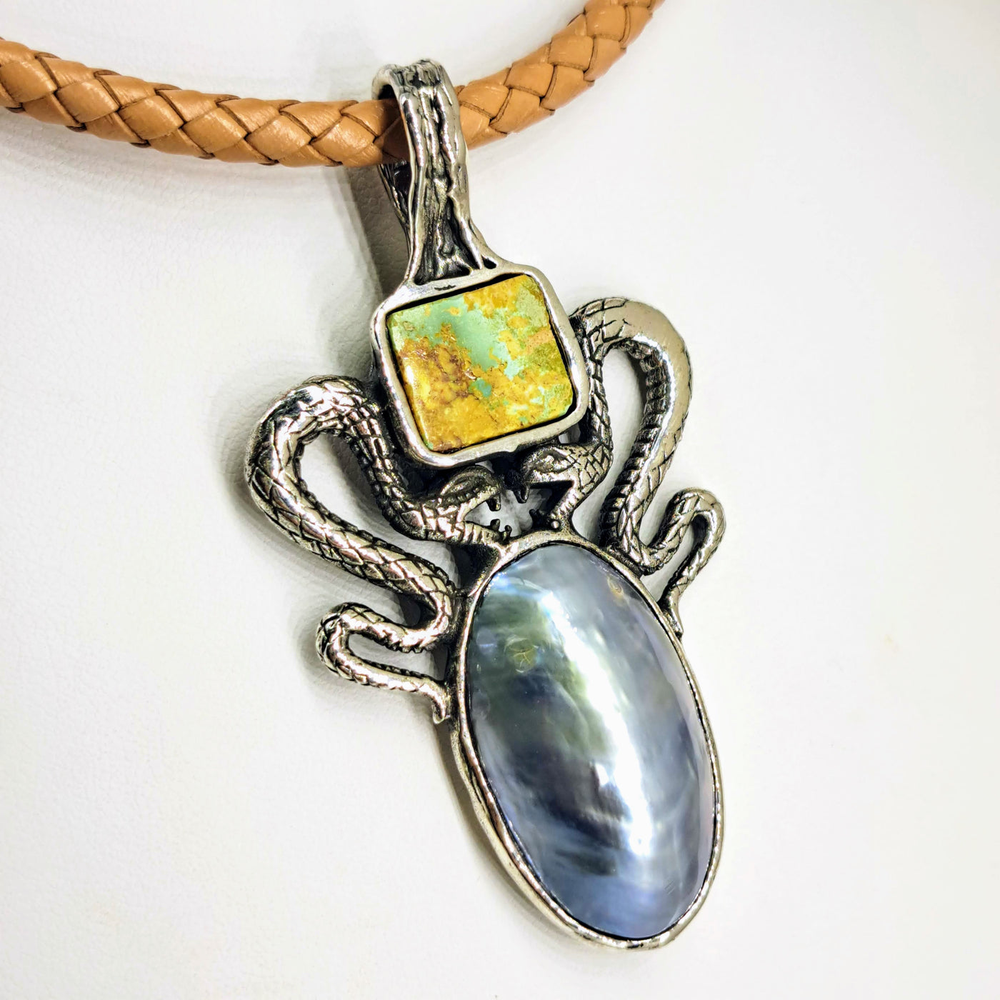 "Amulet" Pendant Necklace -  Mother Of Pearl, Turquoise, Sterling