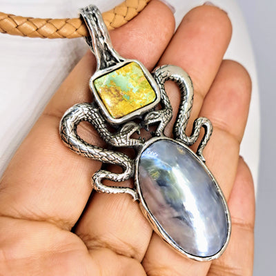 "Amulet" Pendant Necklace -  Mother Of Pearl, Turquoise, Sterling