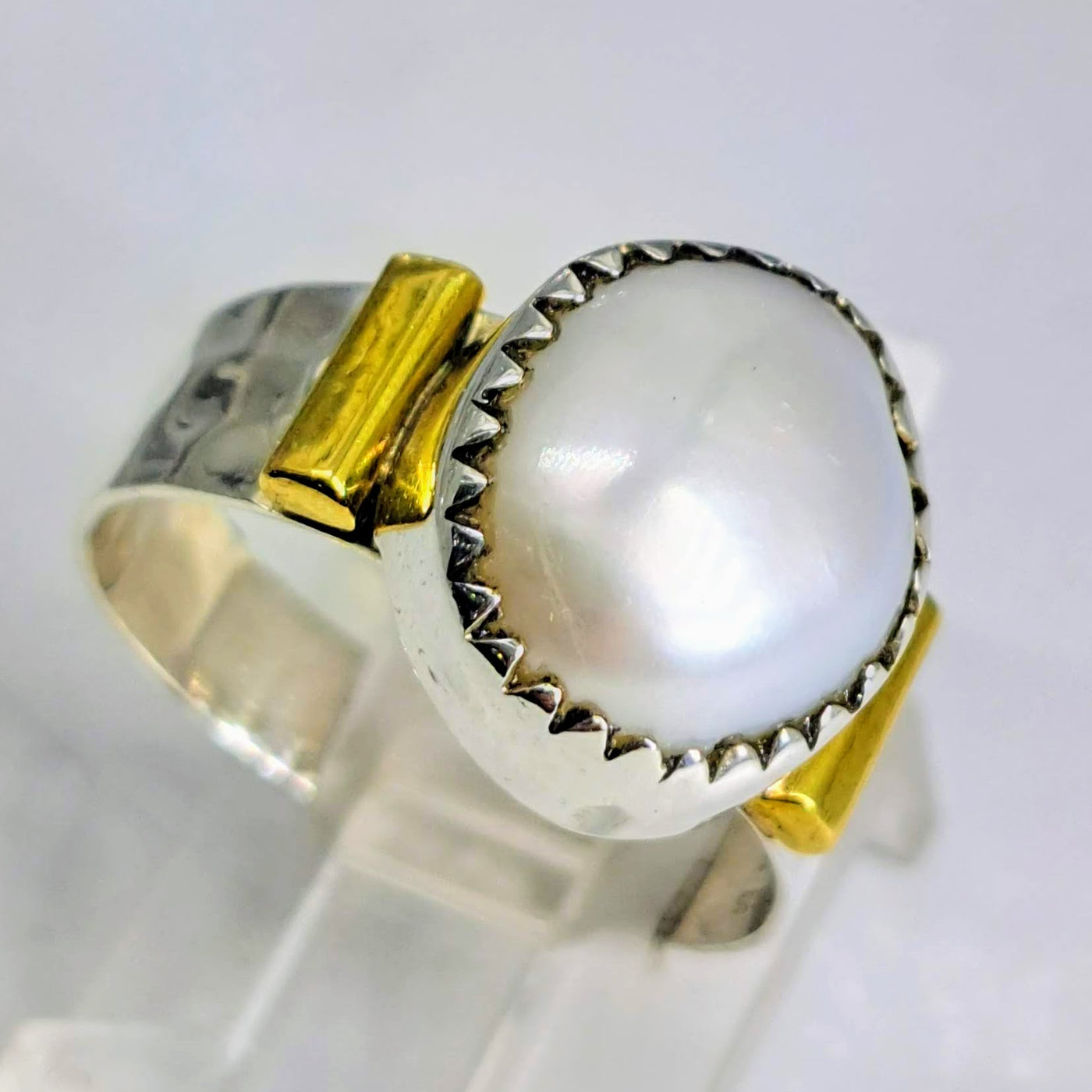 "Smooth & Cool" Sz 7 Ring - Pearl, Sterling, 18k Gold