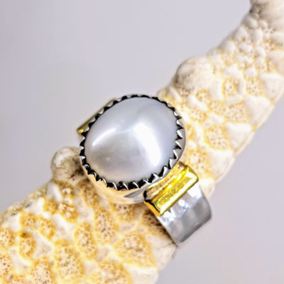 "Smooth & Cool" Sz 7 Ring - Pearl, Sterling, 18k Gold