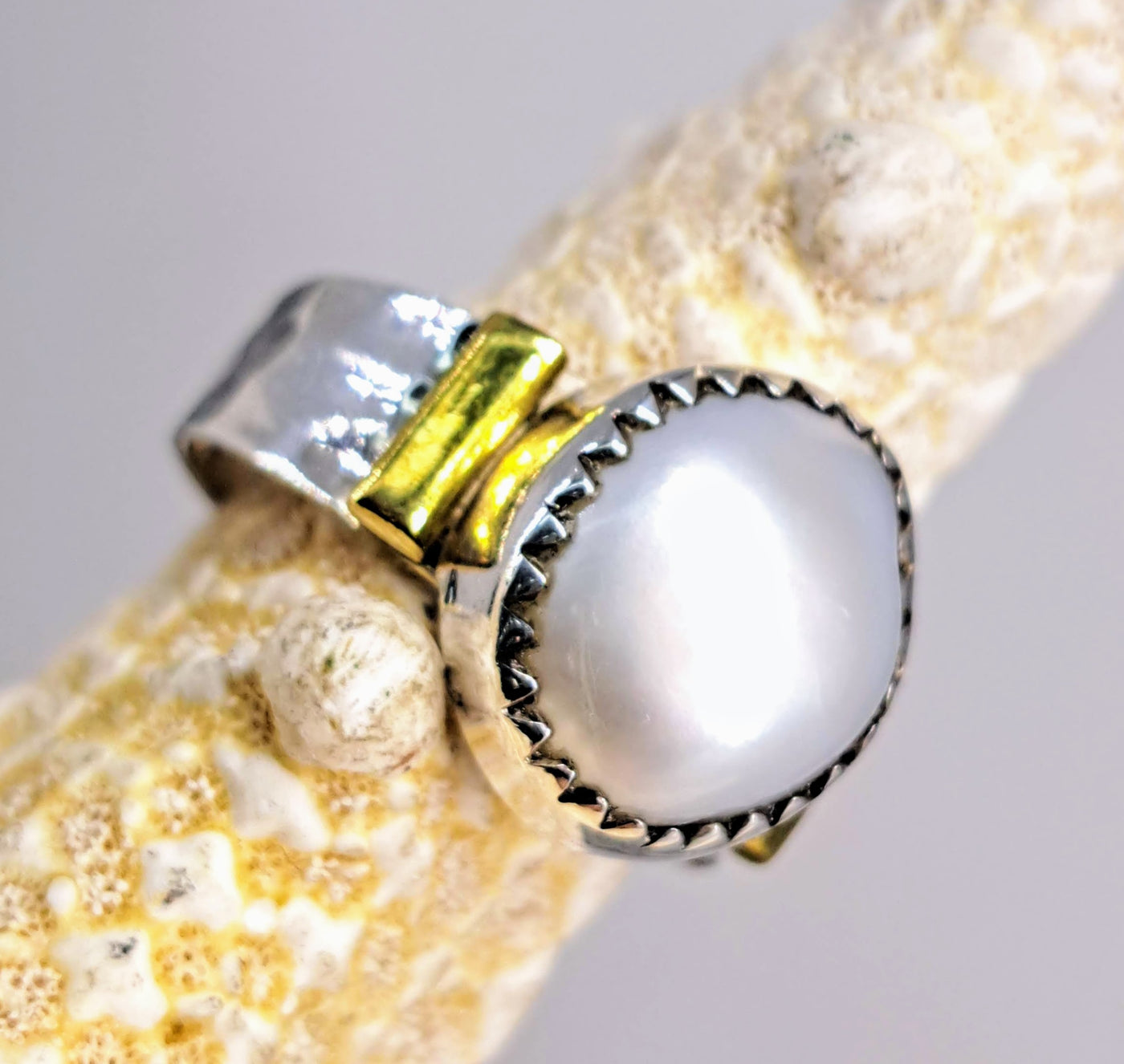 "Smooth & Cool" Sz 7 Ring - Pearl, Sterling, 18k Gold