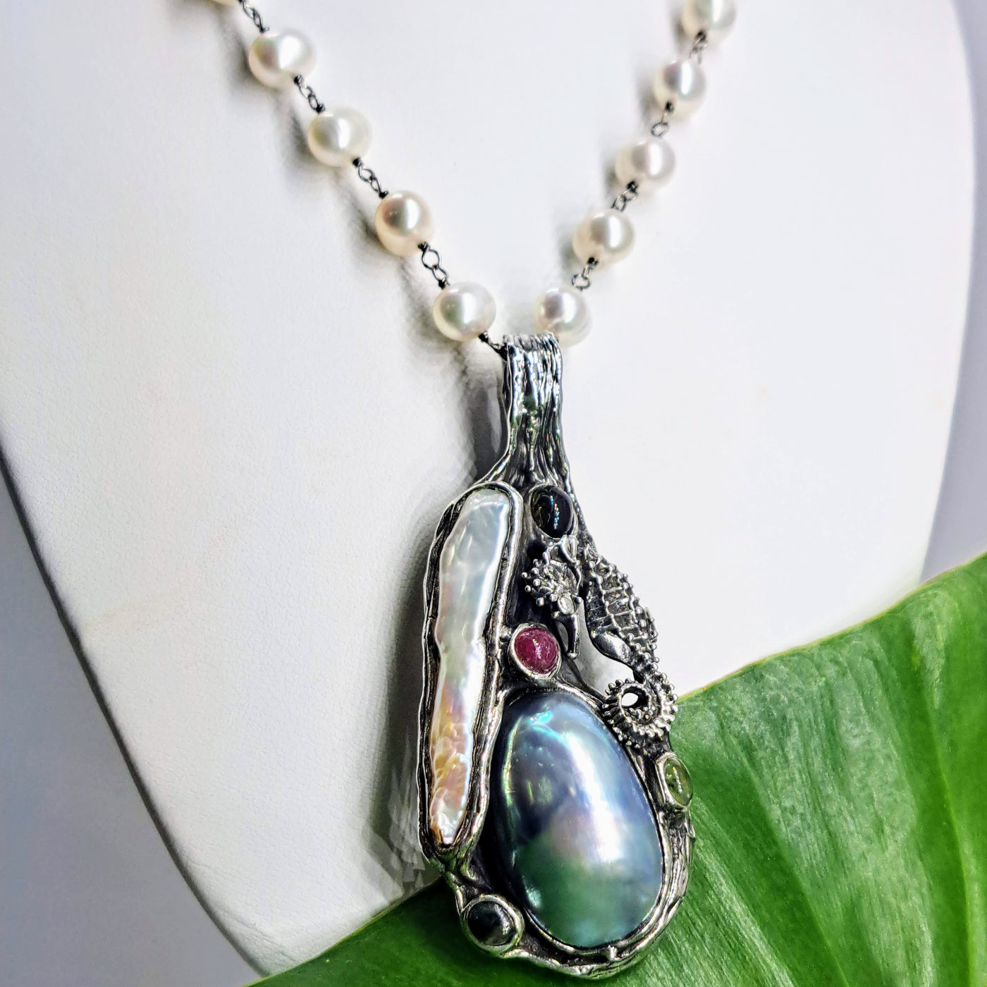 "Ocean Totem" Pendant Necklace -  Mother Of Pearl, Tourmaline, Pearls, Sterling