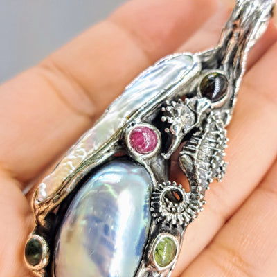 "Ocean Totem" Pendant Necklace -  Mother Of Pearl, Tourmaline, Pearls, Sterling