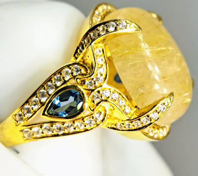 "Hot Honey!" Sz 7.5 Ring - Gold Rutilated Quartz, London Blue Topaz, White Zircon, 18K Gold Sterling