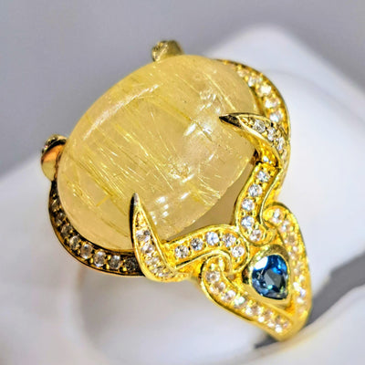 "Hot Honey!" Sz 7.5 Ring - Gold Rutilated Quartz, London Blue Topaz, White Zircon, 18K Gold Sterling