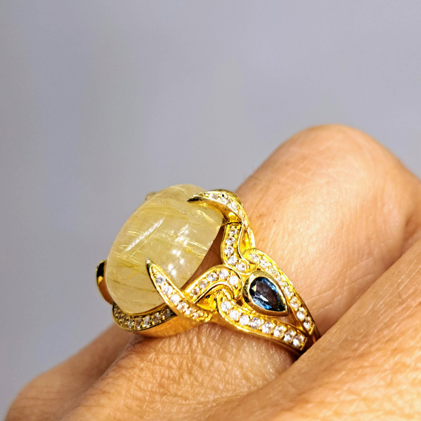 "Hot Honey!" Sz 7.5 Ring - Gold Rutilated Quartz, London Blue Topaz, White Zircon, 18K Gold Sterling