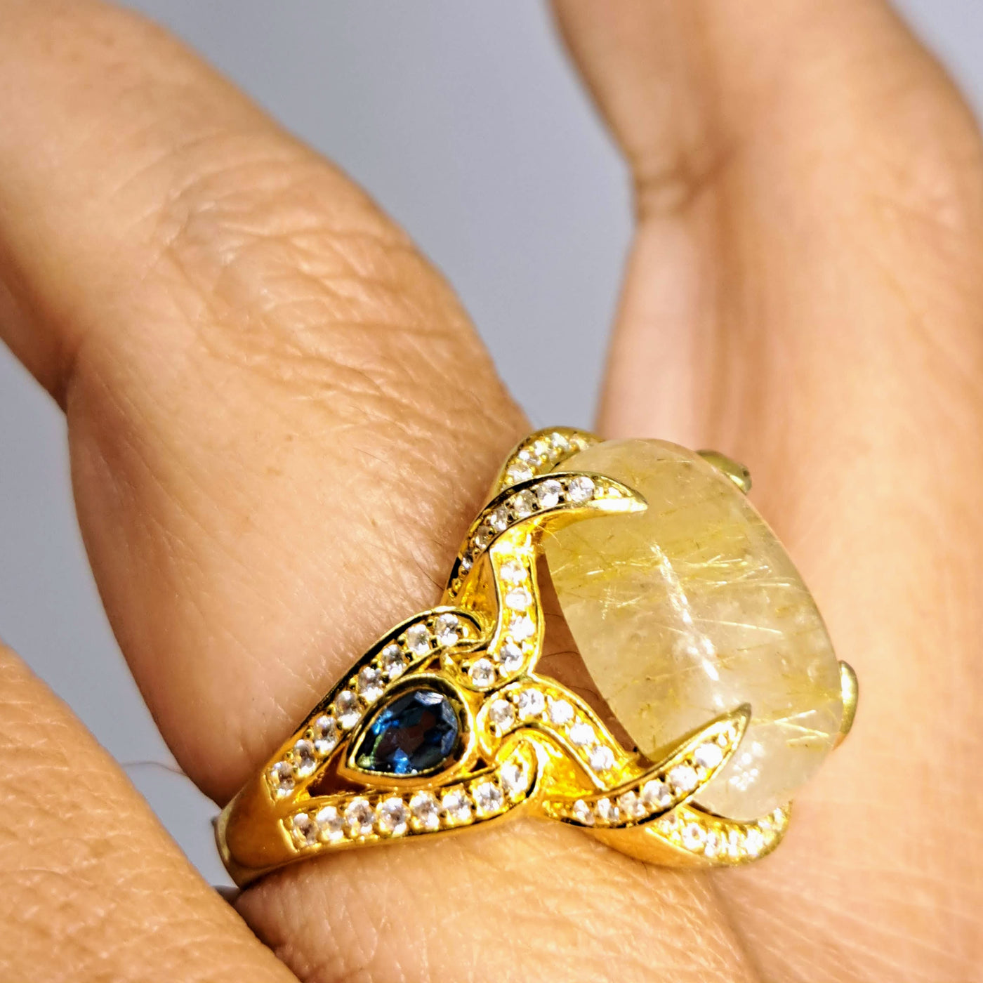 "Hot Honey!" Sz 7.5 Ring - Gold Rutilated Quartz, London Blue Topaz, White Zircon, 18K Gold Sterling