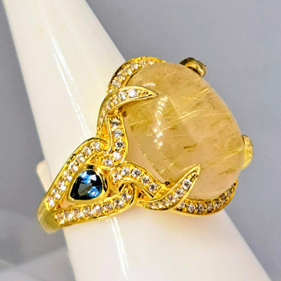 "Hot Honey!" Sz 7.5 Ring - Gold Rutilated Quartz, London Blue Topaz, White Zircon, 18K Gold Sterling