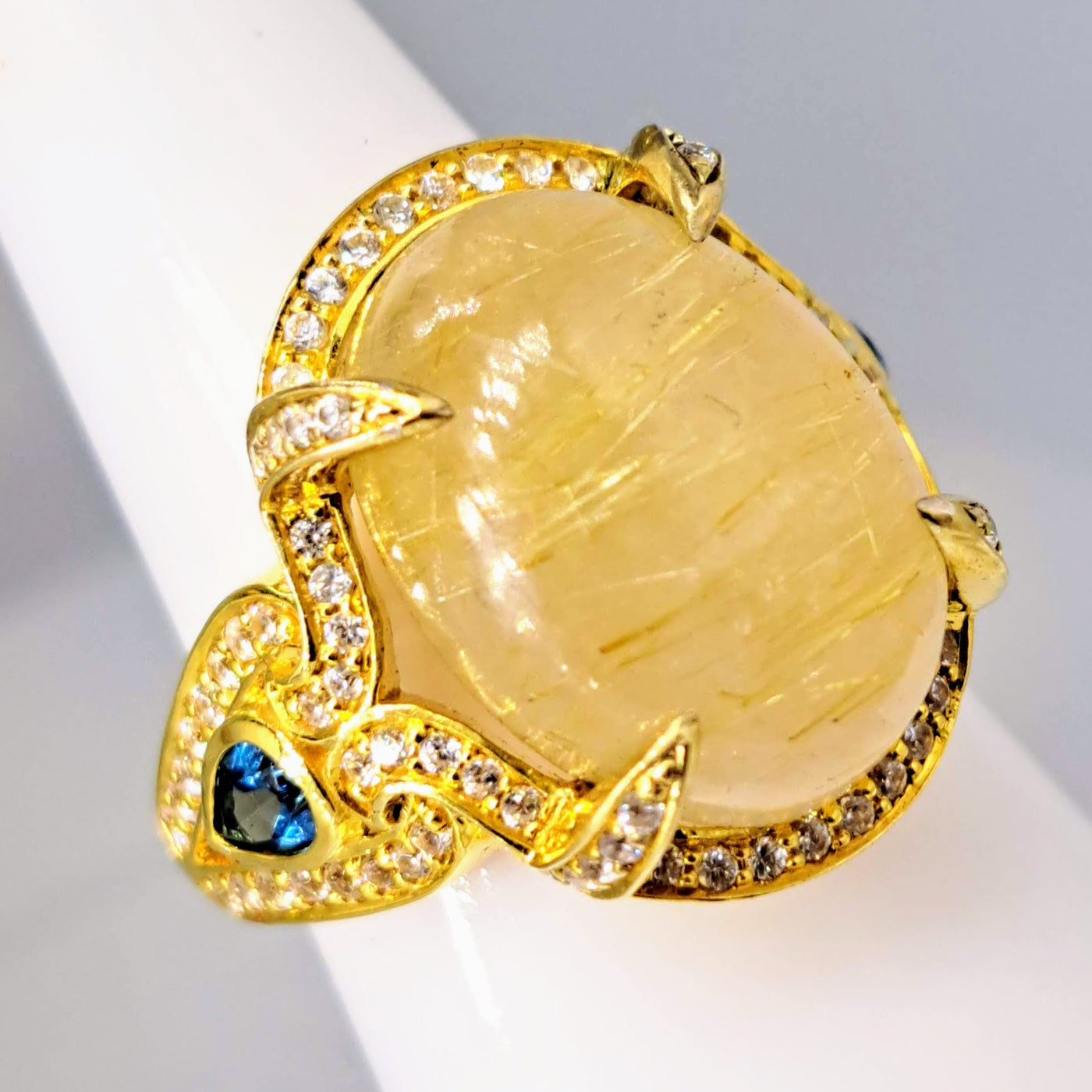 "Hot Honey!" Sz 7.5 Ring - Gold Rutilated Quartz, London Blue Topaz, White Zircon, 18K Gold Sterling