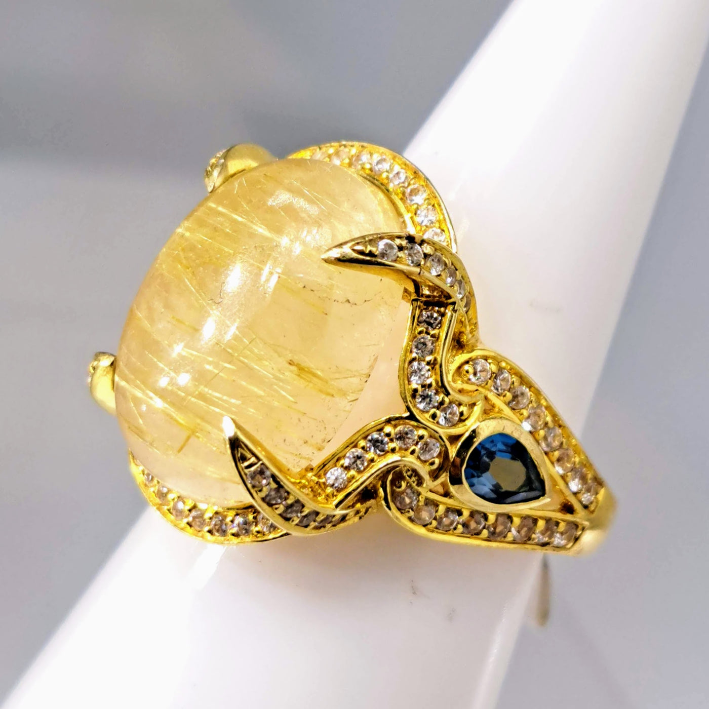 "Hot Honey!" Sz 7.5 Ring - Gold Rutilated Quartz, London Blue Topaz, White Zircon, 18K Gold Sterling