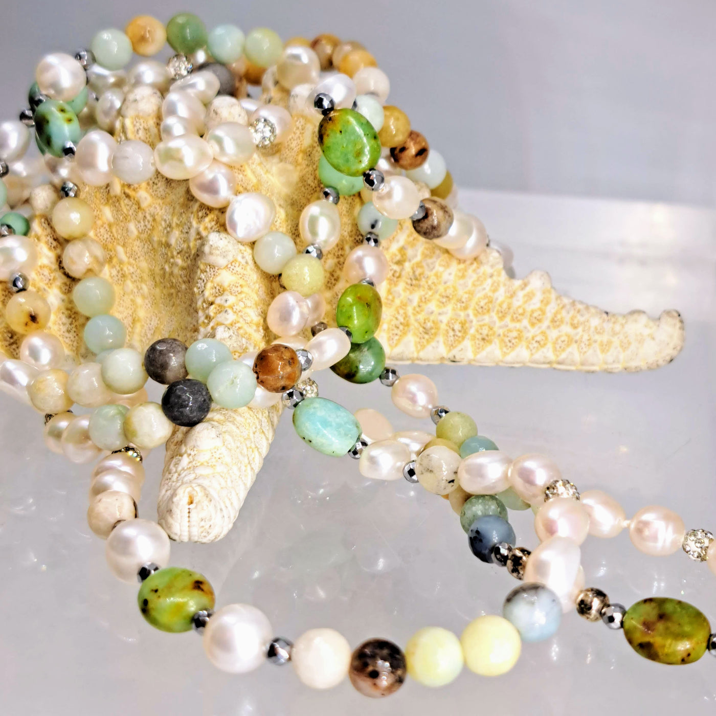 "Earthy-Fabulous!" 60" Necklace (& Enhancer Clip)- Pearls, Turquoise, Amazonite, Crystal Pave', Hematite