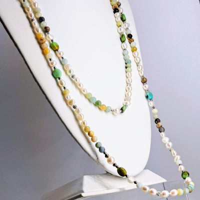 "Earthy-Fabulous!" 60" Necklace (& Enhancer Clip)- Pearls, Turquoise, Amazonite, Crystal Pave', Hematite