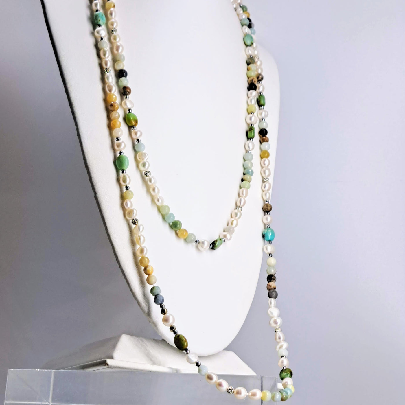 "Earthy-Fabulous!" 60" Necklace (& Enhancer Clip)- Pearls, Turquoise, Amazonite, Crystal Pave', Hematite