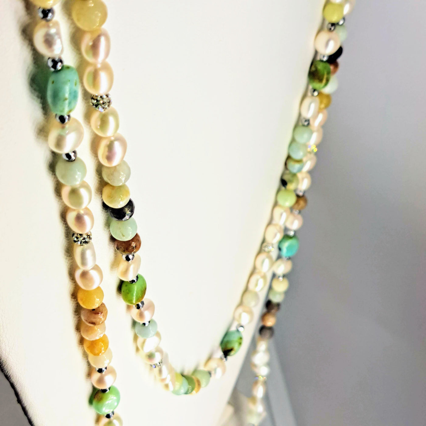 "Earthy-Fabulous!" 60" Necklace (& Enhancer Clip)- Pearls, Turquoise, Amazonite, Crystal Pave', Hematite