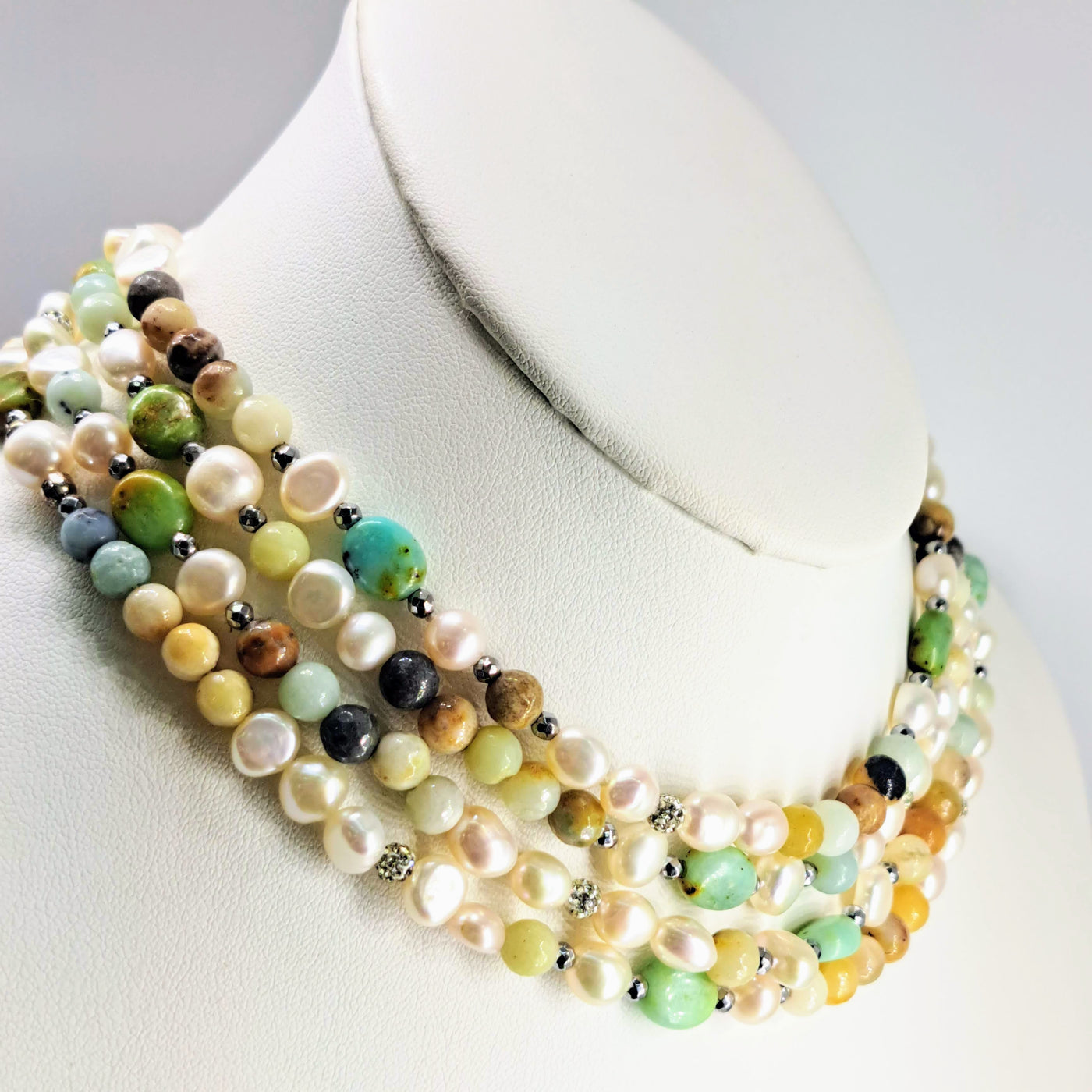 "Earthy-Fabulous!" 60" Necklace (& Enhancer Clip)- Pearls, Turquoise, Amazonite, Crystal Pave', Hematite