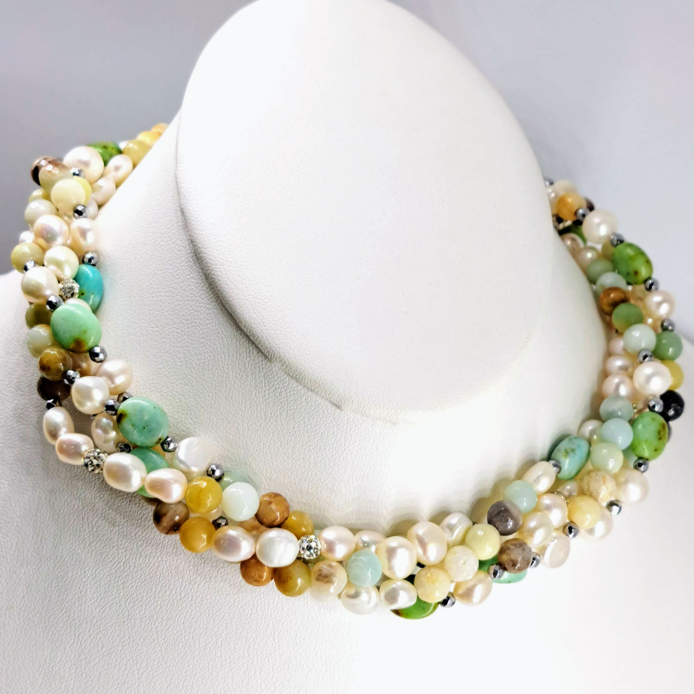 "Earthy-Fabulous!" 60" Necklace (& Enhancer Clip)- Pearls, Turquoise, Amazonite, Crystal Pave', Hematite