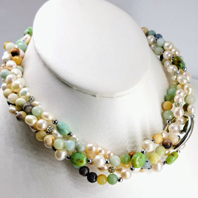 "Earthy-Fabulous!" 60" Necklace (& Enhancer Clip)- Pearls, Turquoise, Amazonite, Crystal Pave', Hematite