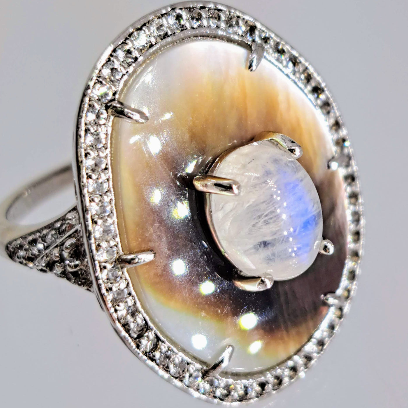 "Dusky Moon" Sz 9 Ring - Moonstone, Tahitian Mother Of Pearl, Zircon Stone, Anti-tarnish Sterling