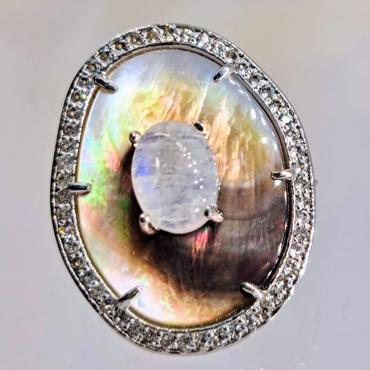 "Dusky Moon" Sz 9 Ring - Moonstone, Tahitian Mother Of Pearl, Zircon Stone, Anti-tarnish Sterling