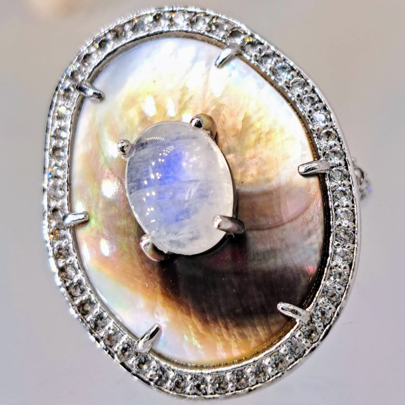 "Dusky Moon" Sz 9 Ring - Moonstone, Tahitian Mother Of Pearl, Zircon Stone, Anti-tarnish Sterling