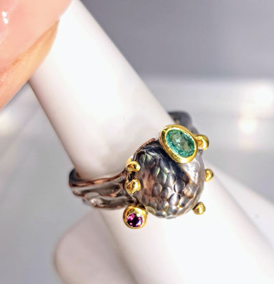 "Tahitian Treat" Sz 7.5 Ring - Tahitian Pearls, Emerald, Pink Tourmaline, Anti-tarnish Sterling, 18K