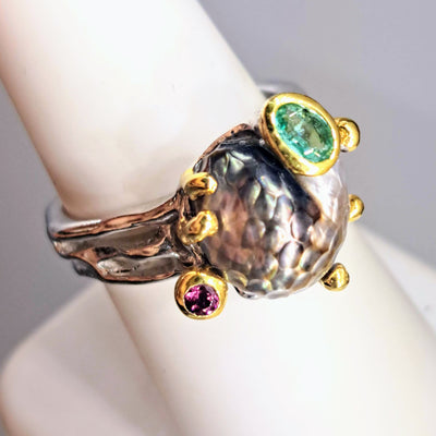 "Tahitian Treat" Sz 7.5 Ring - Tahitian Pearls, Emerald, Pink Tourmaline, Anti-tarnish Sterling, 18K