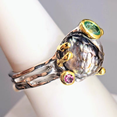 "Tahitian Treat" Sz 7.5 Ring - Tahitian Pearls, Emerald, Pink Tourmaline, Anti-tarnish Sterling, 18K