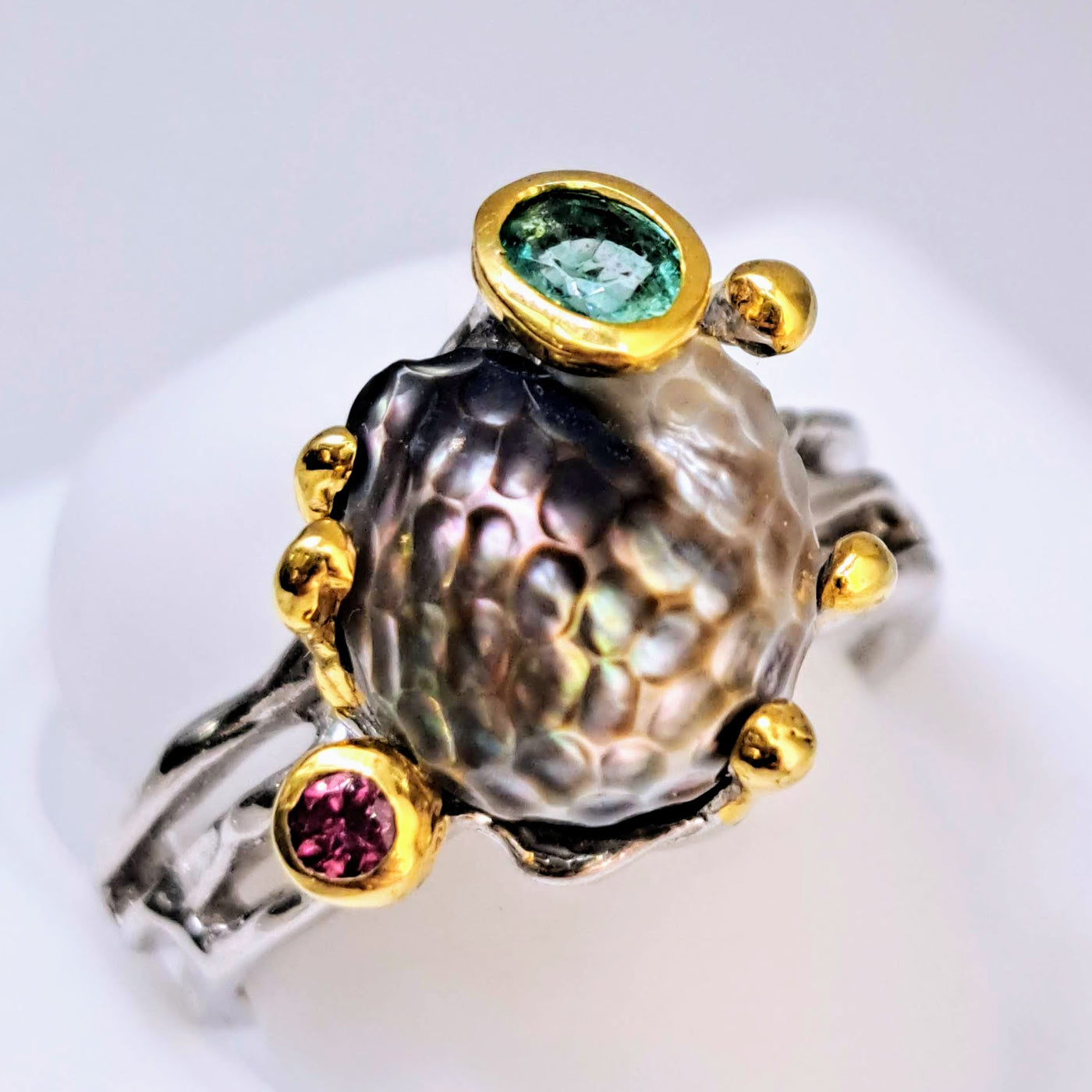 "Tahitian Treat" Sz 7.5 Ring - Tahitian Pearls, Emerald, Pink Tourmaline, Anti-tarnish Sterling, 18K