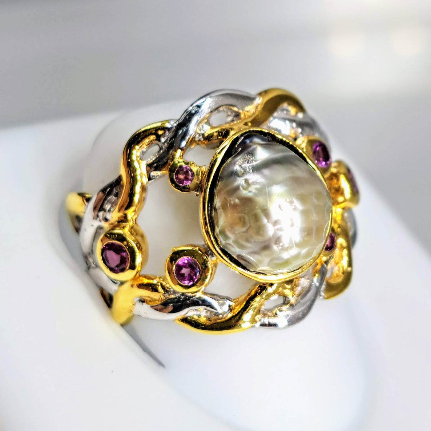 "Tahitian Treasure" Sz 8 Ring - Tahitian Pearls, Pink Tourmaline,  Anti-tarnish Sterling, 18K