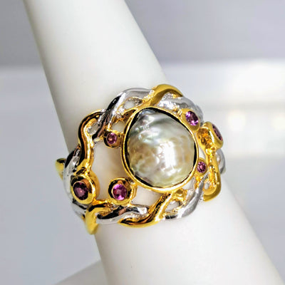 "Tahitian Treasure" Sz 8 Ring - Tahitian Pearls, Pink Tourmaline,  Anti-tarnish Sterling, 18K