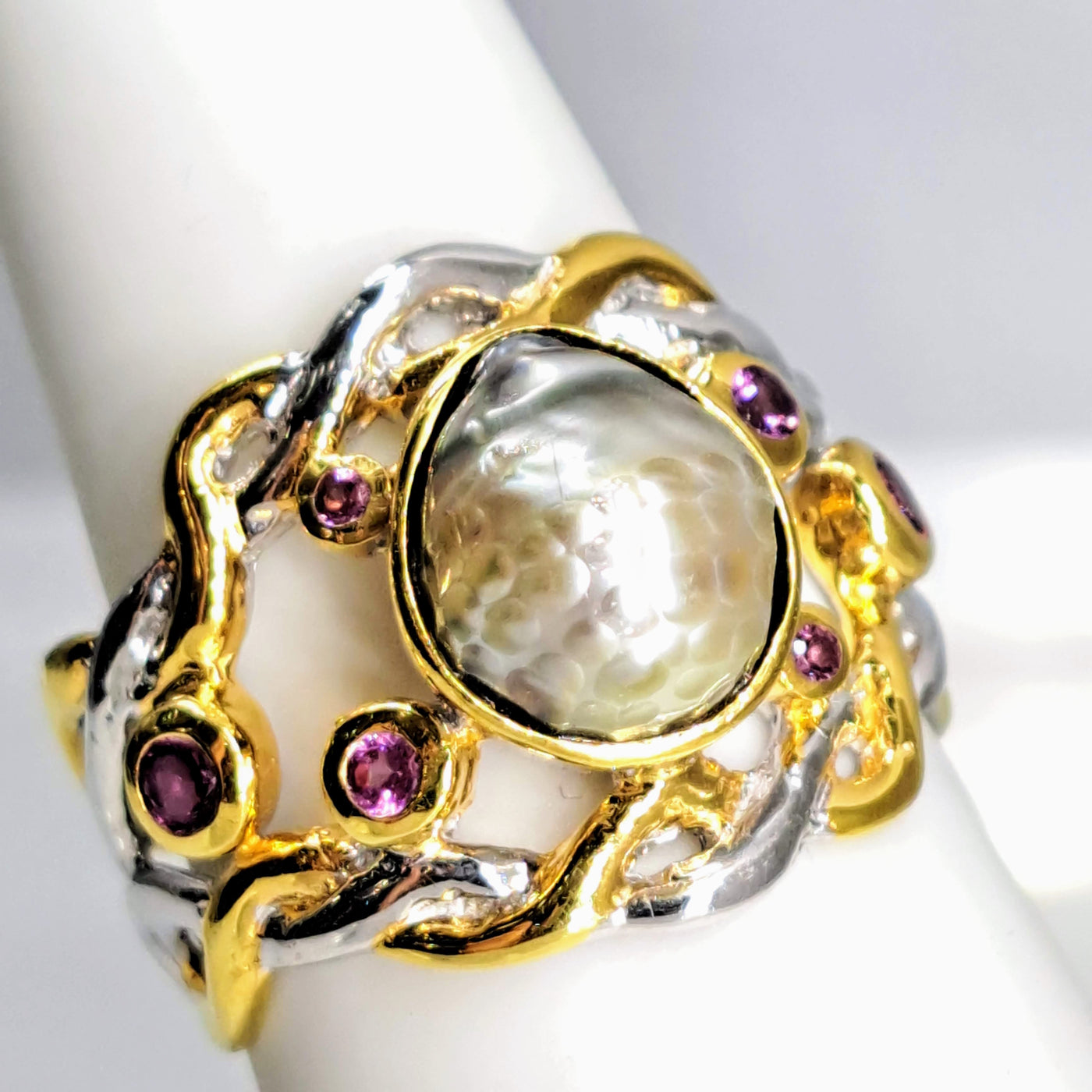 "Tahitian Treasure" Sz 8 Ring - Tahitian Pearls, Pink Tourmaline,  Anti-tarnish Sterling, 18K