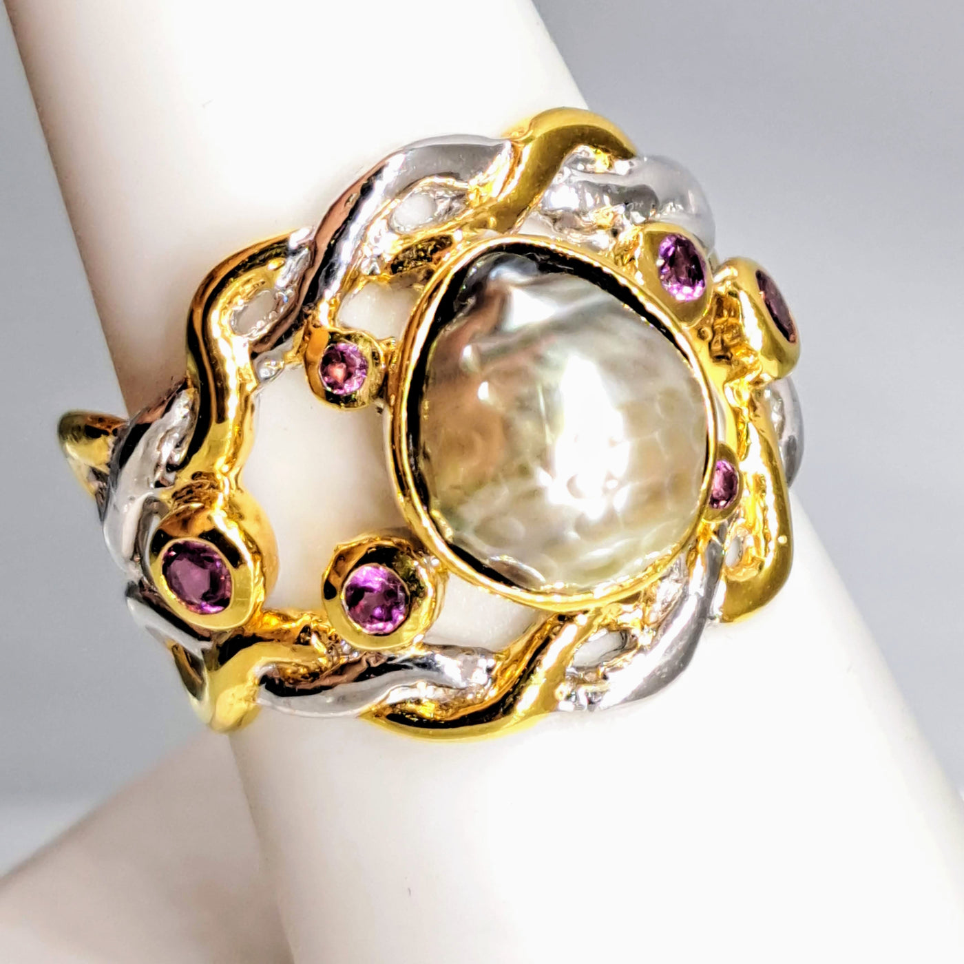 "Tahitian Treasure" Sz 8 Ring - Tahitian Pearls, Pink Tourmaline,  Anti-tarnish Sterling, 18K