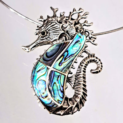 "Coral Reefer"1.75" Pendant Necklace - Paua Shell Mosaic, Onyx, Sterling