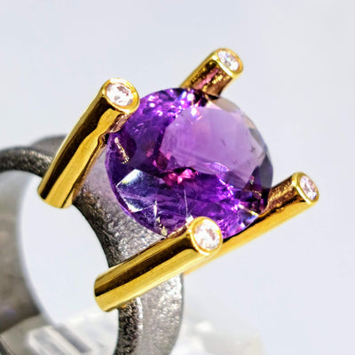 "High & Mighty" Sz 8 Ring - Amethyst, Zircon Stone, Oxidized & 18k Gold Sterling