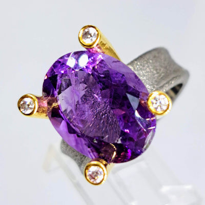 "High & Mighty" Sz 8 Ring - Amethyst, Zircon Stone, Oxidized & 18k Gold Sterling