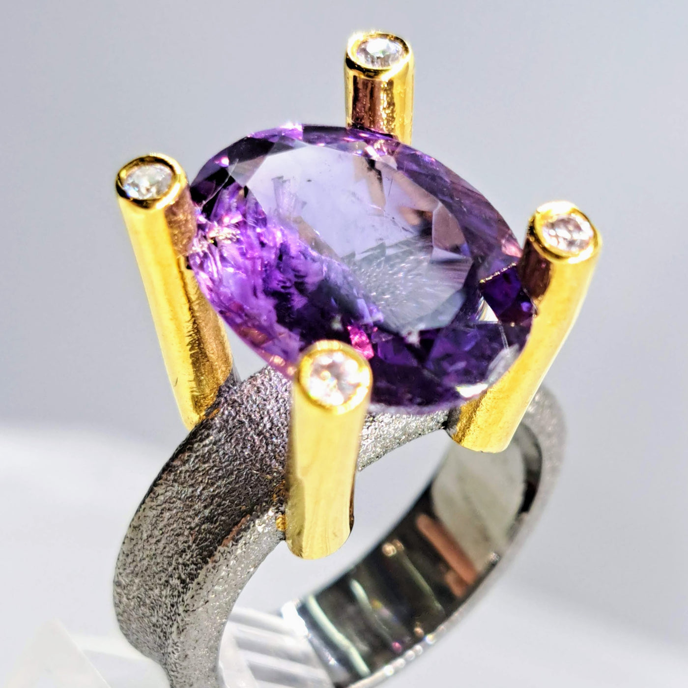 "High & Mighty" Sz 8 Ring - Amethyst, Zircon Stone, Oxidized & 18k Gold Sterling