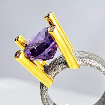 "High & Mighty" Sz 8 Ring - Amethyst, Zircon Stone, Oxidized & 18k Gold Sterling