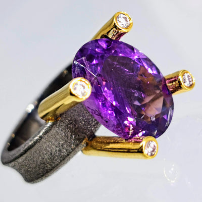 "High & Mighty" Sz 8 Ring - Amethyst, Zircon Stone, Oxidized & 18k Gold Sterling