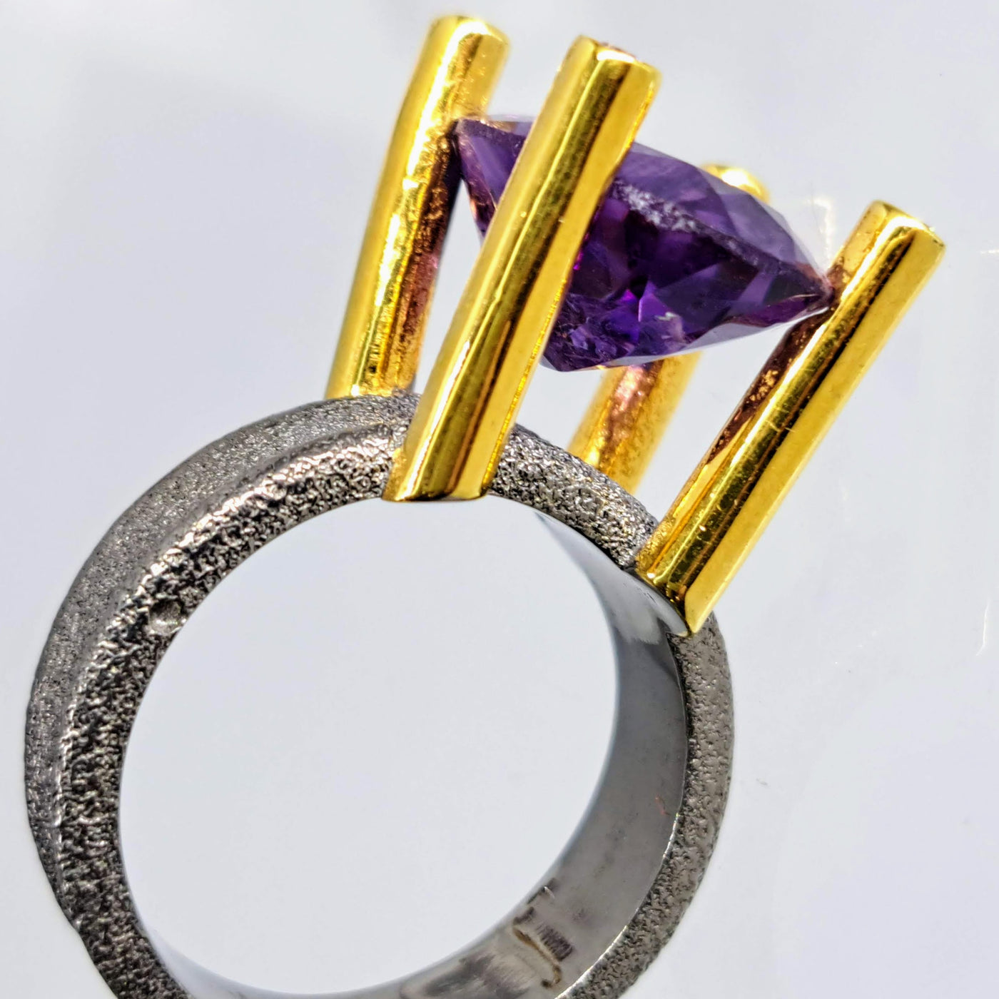 "High & Mighty" Sz 8 Ring - Amethyst, Zircon Stone, Oxidized & 18k Gold Sterling