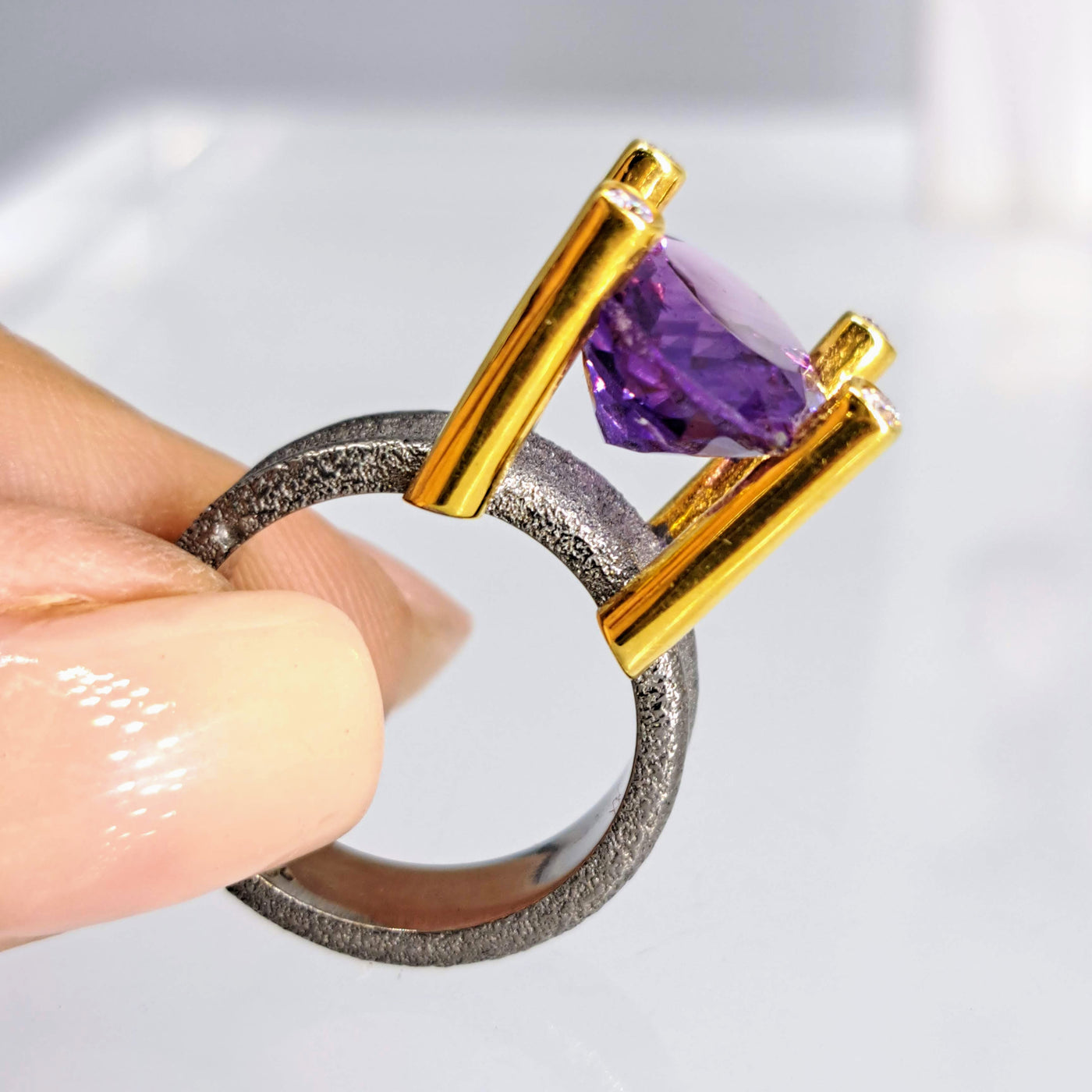 "High & Mighty" Sz 8 Ring - Amethyst, Zircon Stone, Oxidized & 18k Gold Sterling