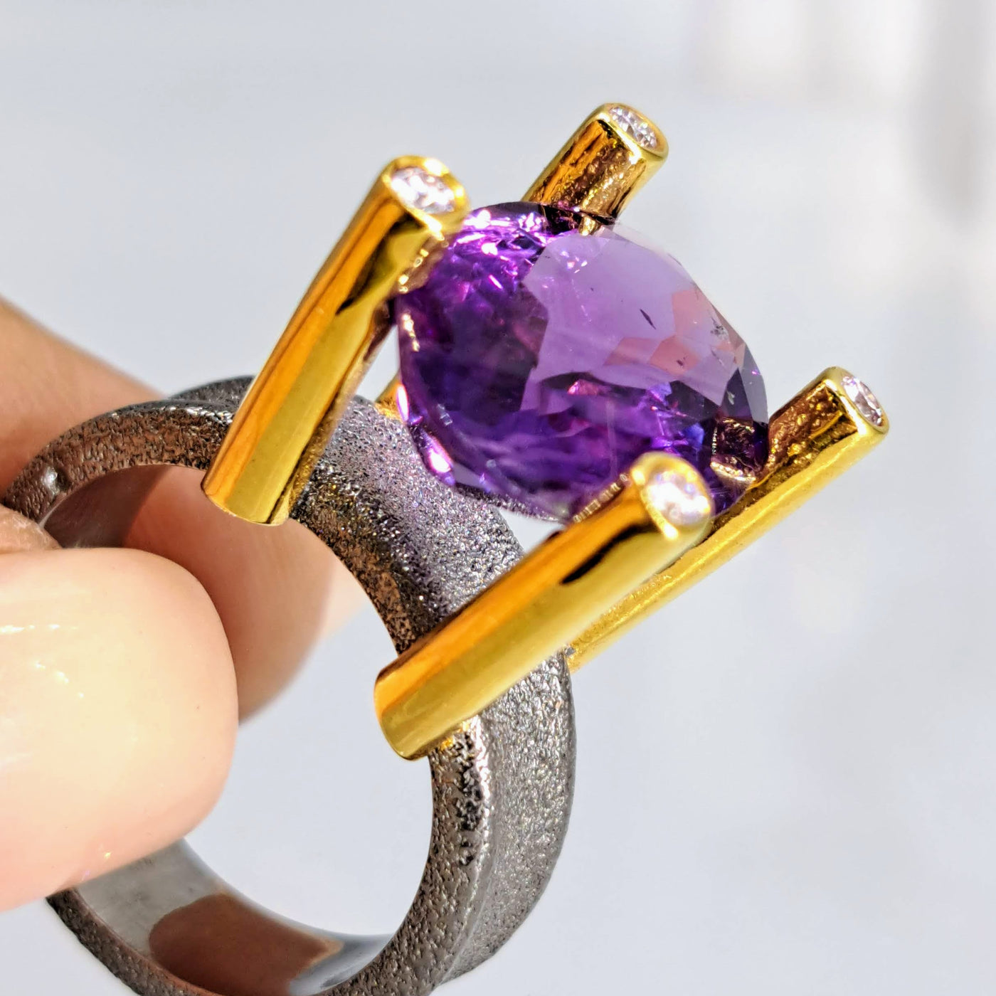 "High & Mighty" Sz 8 Ring - Amethyst, Zircon Stone, Oxidized & 18k Gold Sterling